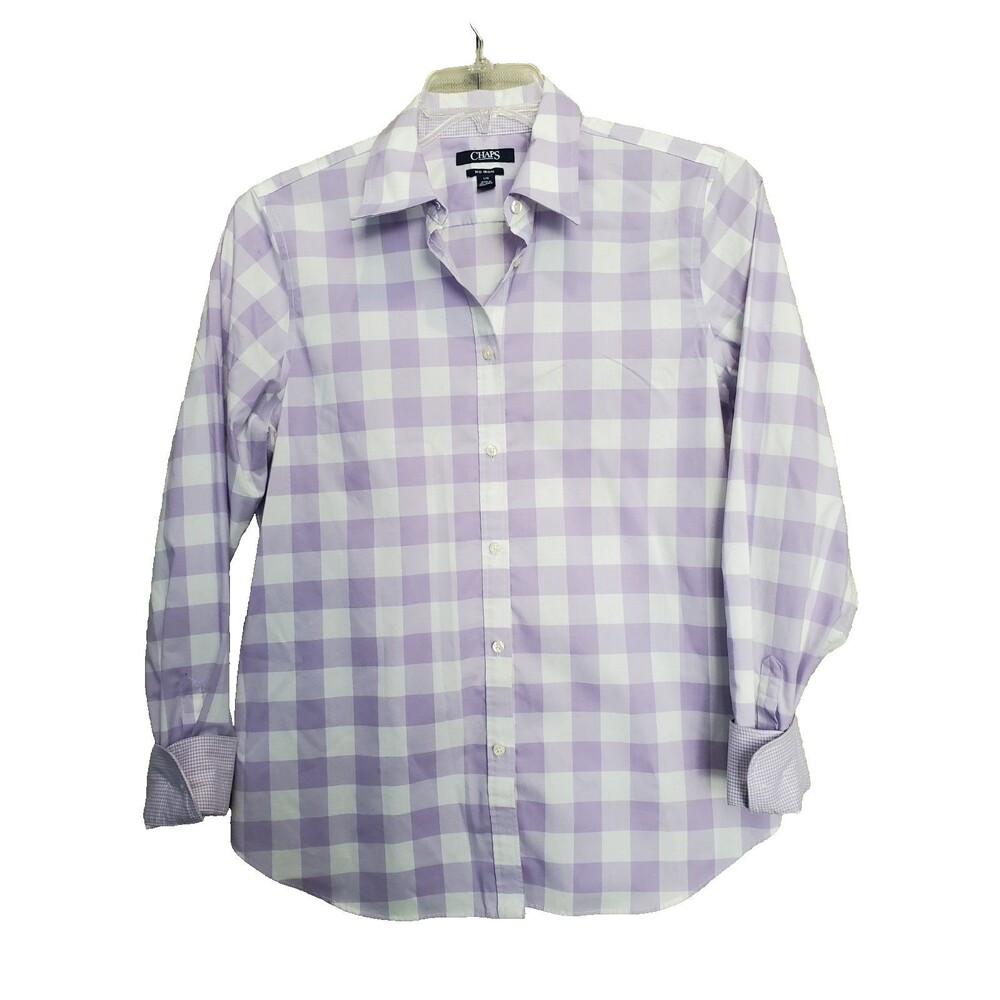 Chaps No-Iron 100% Cotton Purple Gingham Flip-Cuff  Button-Up Shirt Size L